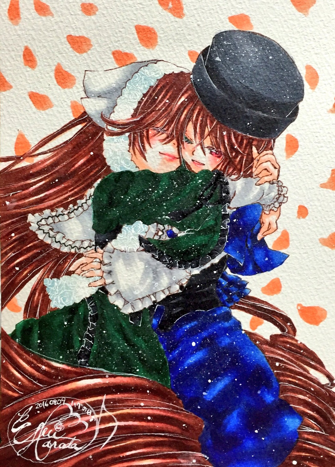 2girls blush brown_hair dress hat hug image long_hair multiple_girls pair petals red_eyes short_hair smile souseiseki suiseiseki traditional_media watercolor_(medium) yumeki_kokoro yuri