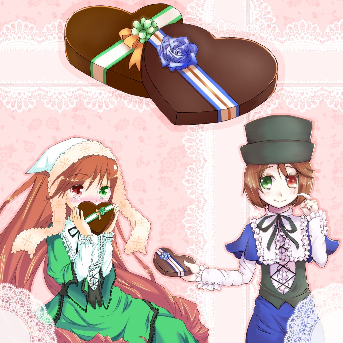 3girls blue_dress blush box brown_hair chocolate dress frills gift green_dress green_eyes hat heart-shaped_box heterochromia holding_gift image long_hair long_sleeves multiple_girls pair red_eyes ribbon short_hair siblings sisters smile souseiseki suiseiseki twins valentine