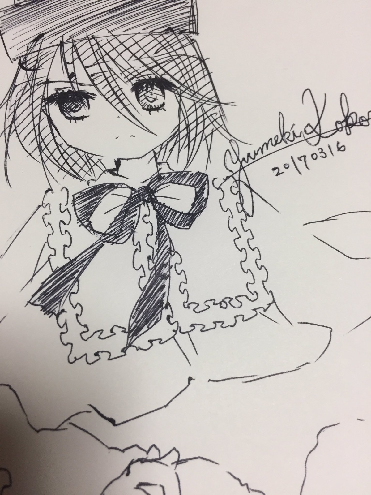 1girl bow bowtie dated dress frills greyscale image looking_at_viewer monochrome short_hair simple_background solo souseiseki yumeki_kokoro