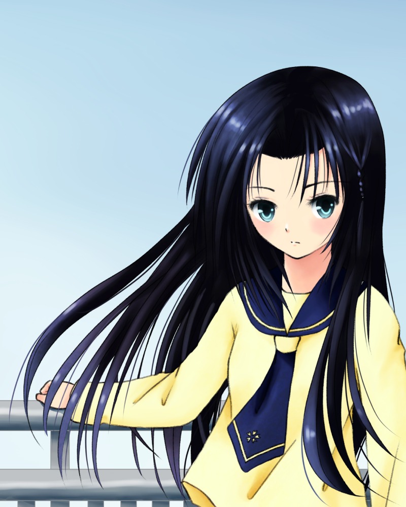 1girl blue_sailor_collar blush gradient gradient_background human image kakizaki_megu long_hair long_sleeves looking_at_viewer neckerchief sailor_collar school_uniform serafuku skirt solo upper_body very_long_hair yellow_neckwear