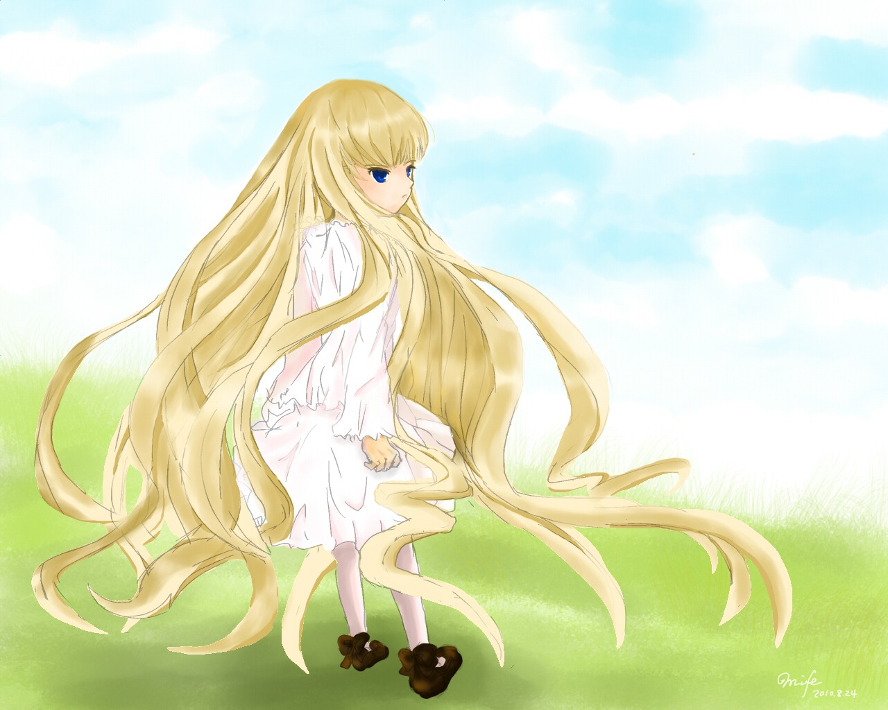 1girl absurdly_long_hair bangs barefoot blonde_hair blue_eyes dress image long_hair long_sleeves looking_back shinku solo standing stuffed_animal teddy_bear very_long_hair white_dress