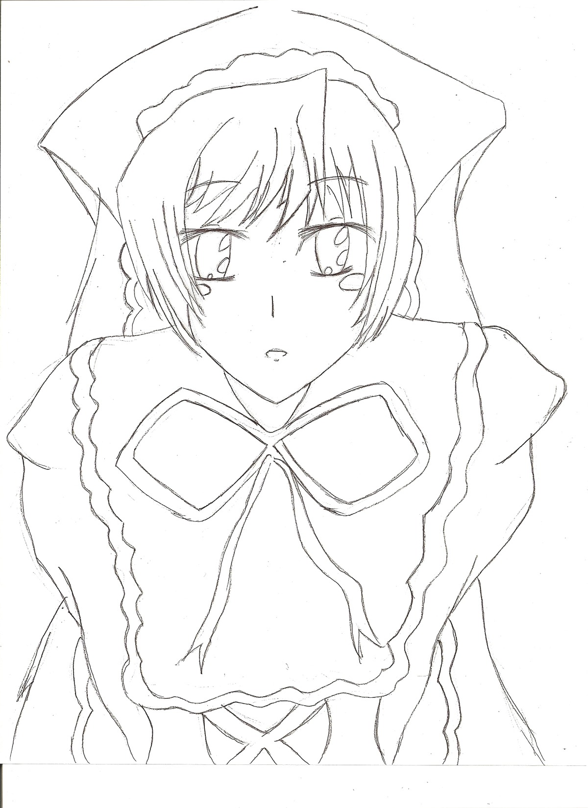 1girl blush capelet crying eyebrows_visible_through_hair greyscale image long_sleeves looking_at_viewer monochrome simple_background solo suiseiseki tears upper_body white_background
