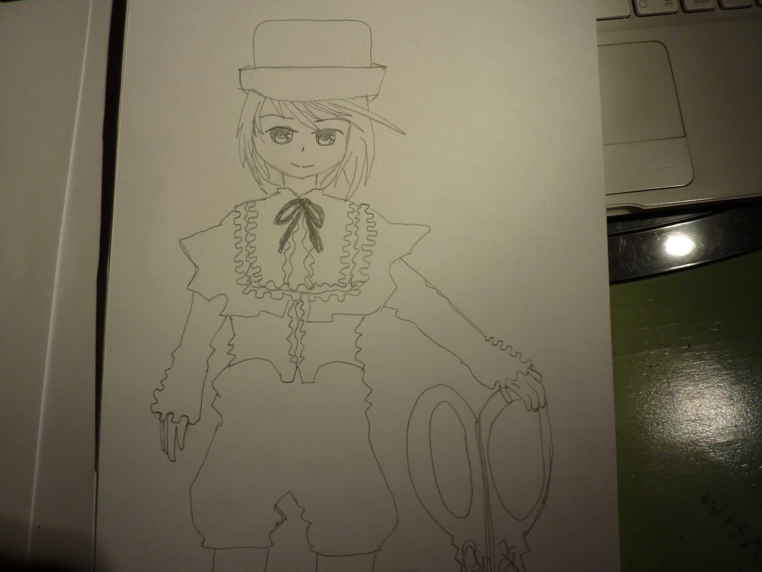 1girl capelet frills hat image long_sleeves looking_at_viewer monochrome nagae_iku photo ribbon short_hair skirt smile solo souseiseki traditional_media