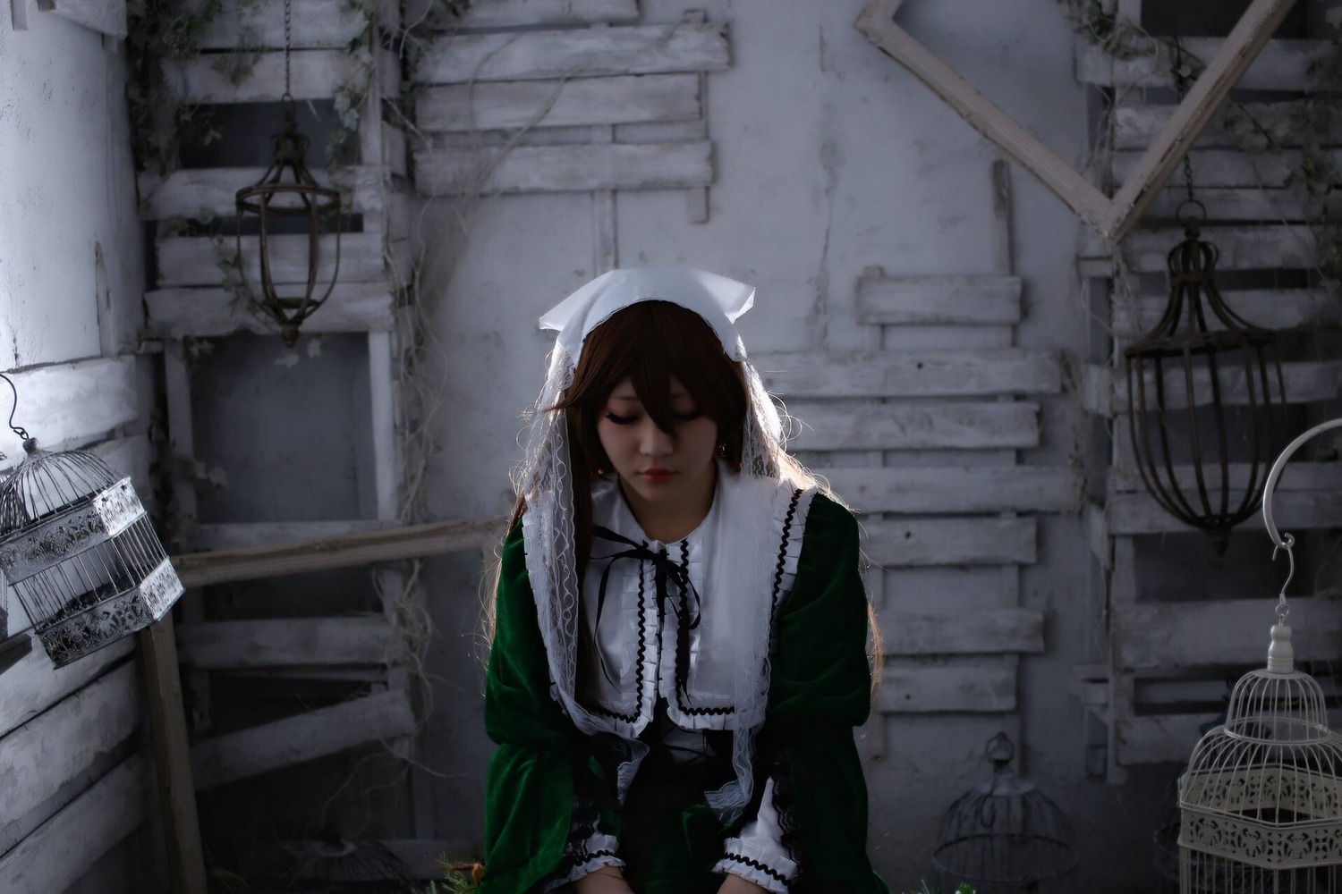 1girl black_hair brown_hair closed_eyes dress facing_viewer indoors lips maid solo suiseiseki