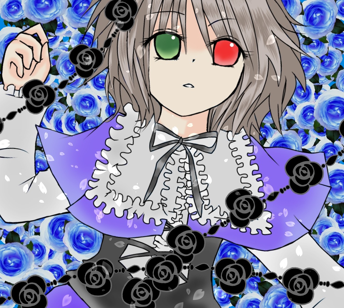 1girl black_flower black_rose blue_flower blue_rose flower green_eyes grey_hair heterochromia image komeiji_koishi purple_flower purple_rose red_eyes rose rose_petals short_hair solo souseiseki thorns yellow_rose