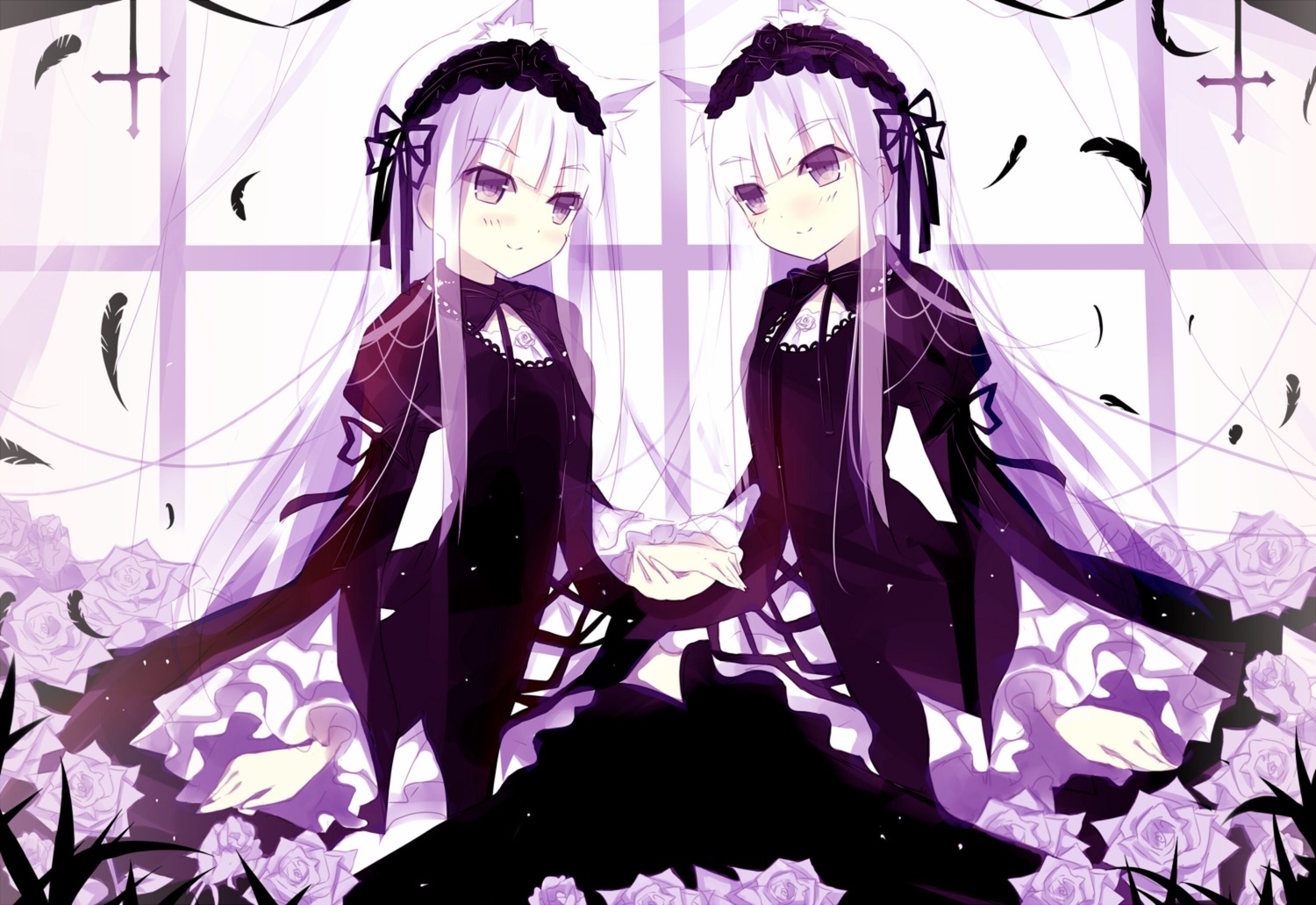 2girls black_rose blush dress dual_persona feathers flower frills hairband image lolita_hairband long_hair long_sleeves looking_at_viewer multiple_girls purple_eyes purple_rose rose smile solo suigintou white_flower white_rose wings