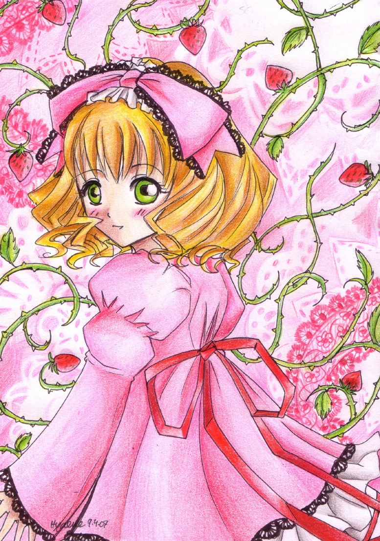 1girl apple blonde_hair bow cherry dress drill_hair flower food fruit grapes green_eyes hair_bow hina_ichigo hinaichigo holding_fruit image juliet_sleeves long_sleeves looking_at_viewer object_namesake pink_bow puffy_sleeves ribbon short_hair solo strawberry strawberry_hair_ornament strawberry_print traditional_media vines