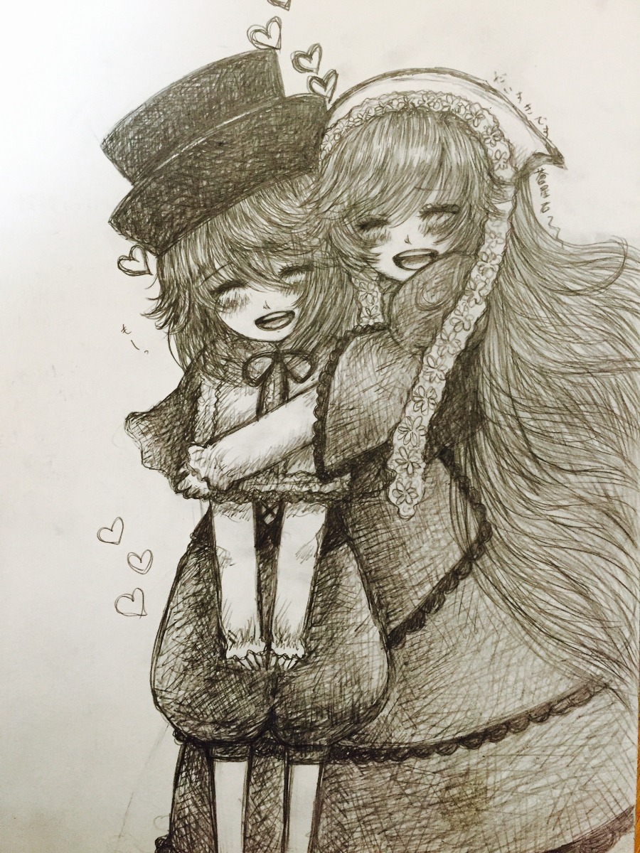 2girls blush capelet dress hat heart image long_hair monochrome multiple_girls open_mouth pair short_hair smile souseiseki suiseiseki traditional_media v_arms