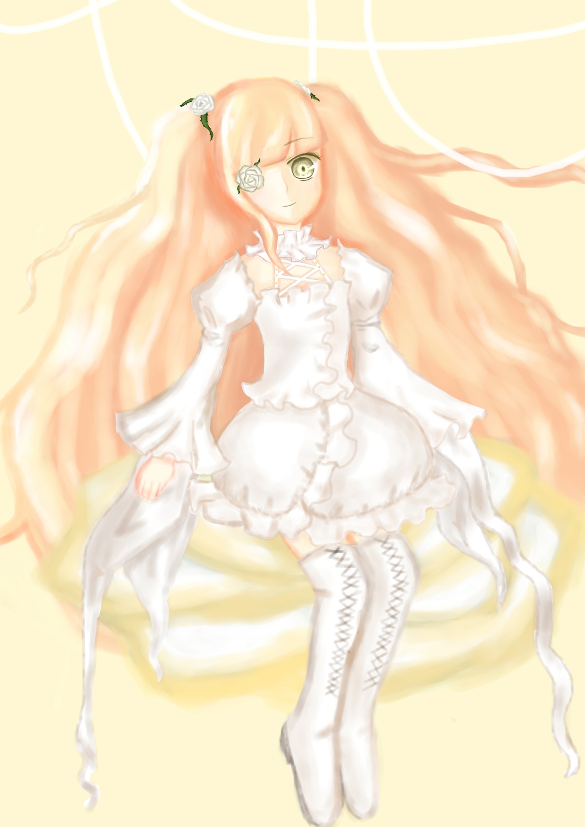 1girl blonde_hair boots cross-laced_footwear dress eyepatch flower frills hair_ornament image kirakishou knee_boots long_hair long_sleeves pink_hair rose smile solo thigh_boots thighhighs very_long_hair white_footwear zettai_ryouiki