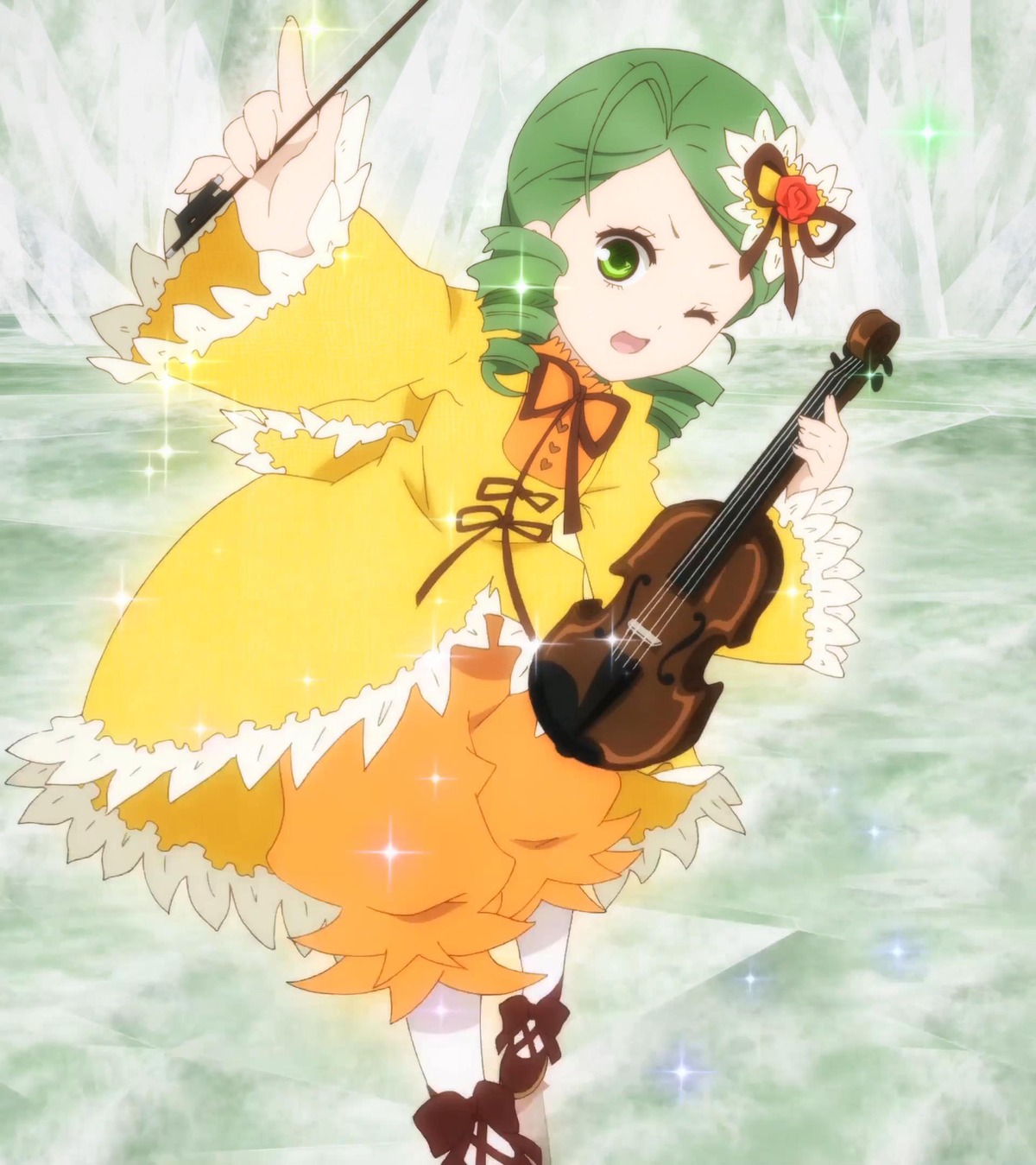 1girl bow bow_(instrument) dress drill_hair electric_guitar flower full_body green_eyes green_hair guitar hair_ornament holding_instrument image instrument kanaria long_sleeves music one_eye_closed pantyhose playing_instrument plectrum rain ribbon solo sparkle violin white_legwear