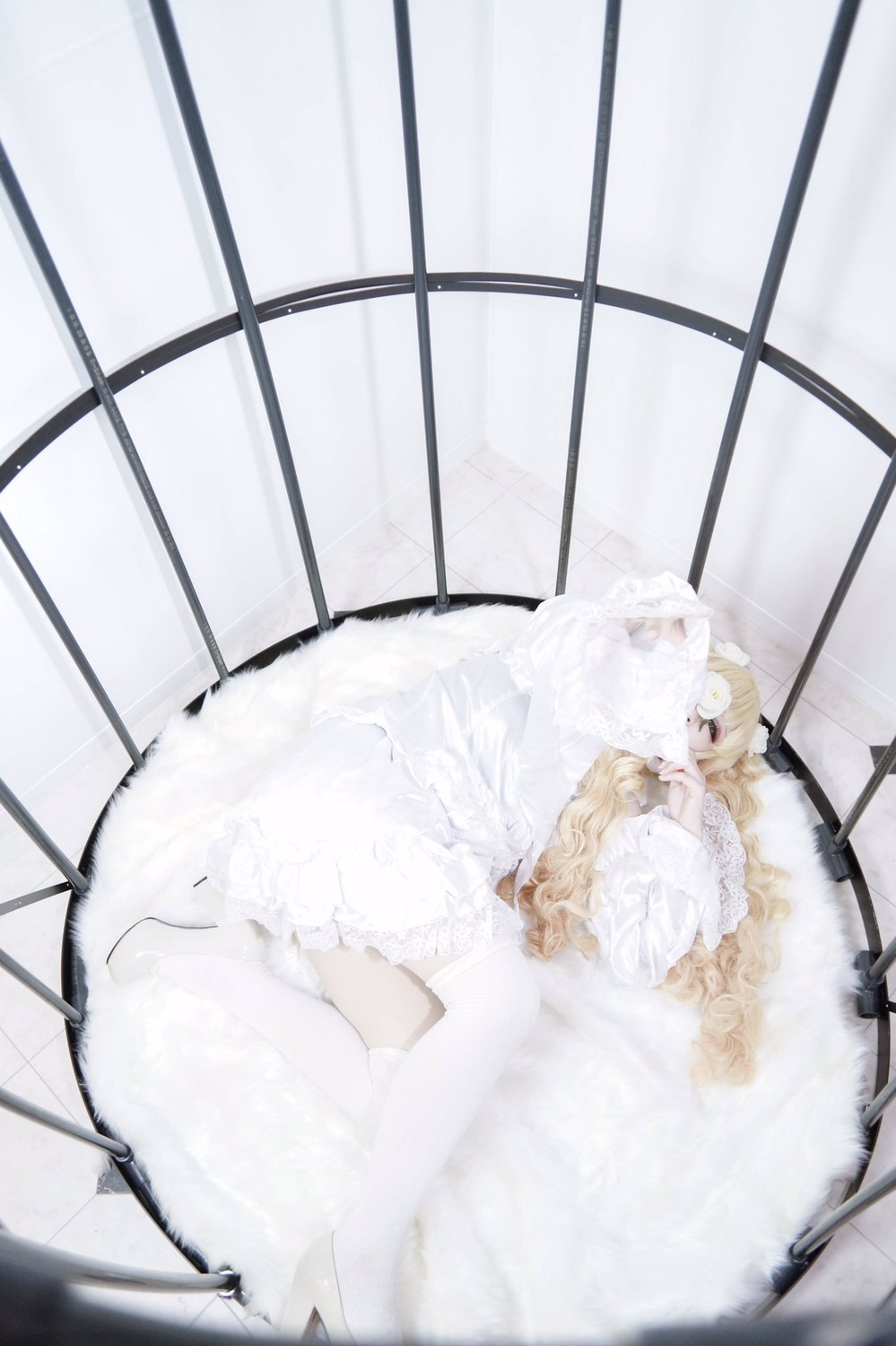 1girl blonde_hair blurry chain-link_fence closed_eyes depth_of_field dress fence indoors kirakishou long_sleeves sliding_doors solo tile_floor tiles veil white_dress