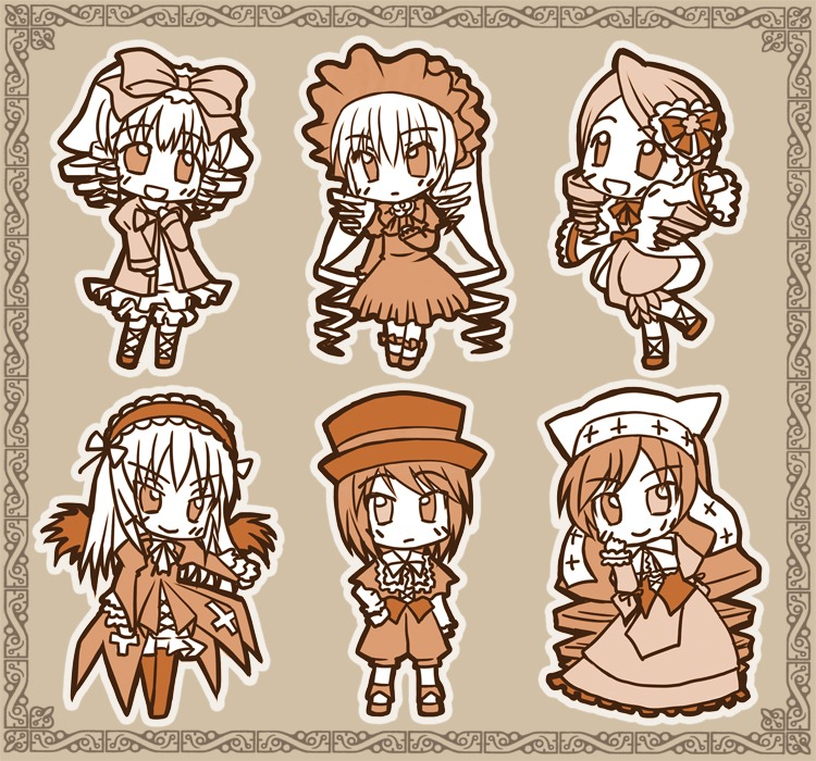 6+girls bangs bonnet bow brown_background chibi dress drill_hair full_body hat hina_ichigo image kanaria long_hair long_sleeves monochrome multiple multiple_girls shinku short_hair smile standing suigintou suiseiseki tagme