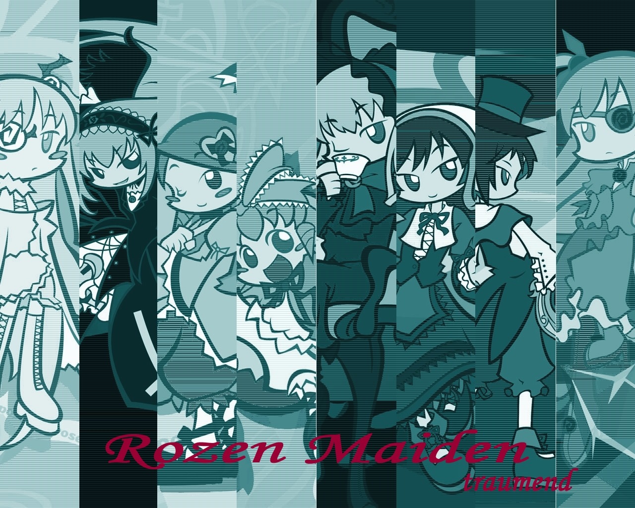6+girls blue_theme bow dress frills gothic_lolita hairband hat image lolita_fashion long_hair monochrome multiple multiple_girls shinku smile souseiseki suigintou suiseiseki tagme top_hat twintails
