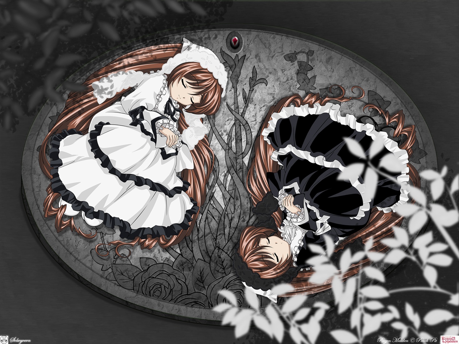 2girls alternate_color brown_hair closed_eyes dress dual_persona frills hat highres image long_hair long_sleeves multiple_girls photoshop_(medium) rozen_maiden siblings sisters solo solwyvern suiseiseki symmetry twins vector_trace very_long_hair wide_sleeves yin_yang