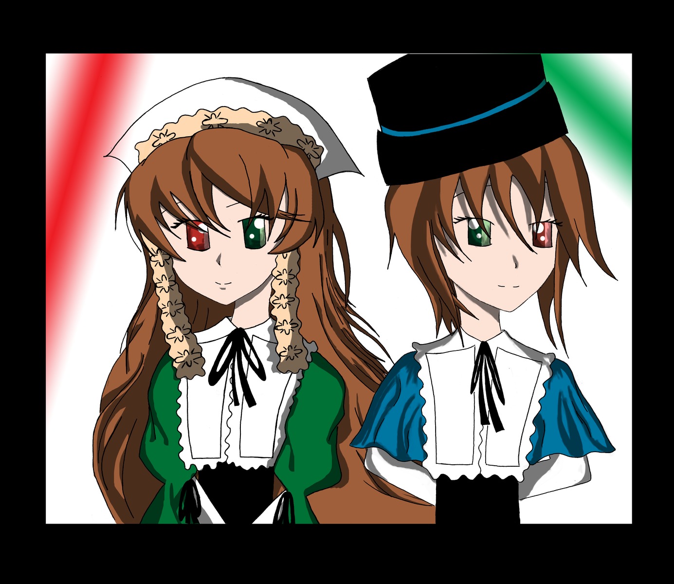 black_border blue_dress brown_hair dress green_dress green_eyes hat head_scarf heterochromia image letterboxed long_hair long_sleeves looking_at_viewer multiple_girls pair red_eyes ribbon siblings sisters smile souseiseki suiseiseki twins