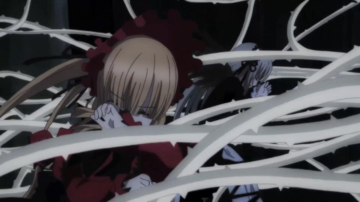 1girl blonde_hair closed_eyes dress image long_hair multiple_girls pair shinku suigintou twintails weapon