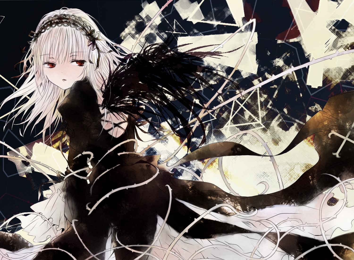 1girl bangs black_dress black_ribbon black_wings dress feathered_wings feathers flower frills hairband image lolita_hairband long_hair long_sleeves looking_at_viewer red_eyes ribbon rose solo suigintou wings