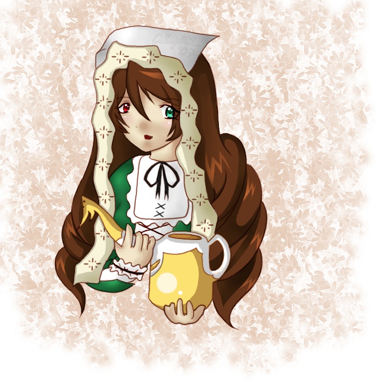 1girl anger_vein brown_hair dress frills green_dress green_eyes head_scarf heterochromia holding image long_hair long_sleeves looking_at_viewer open_mouth red_eyes solo star_(symbol) suiseiseki very_long_hair watering_can