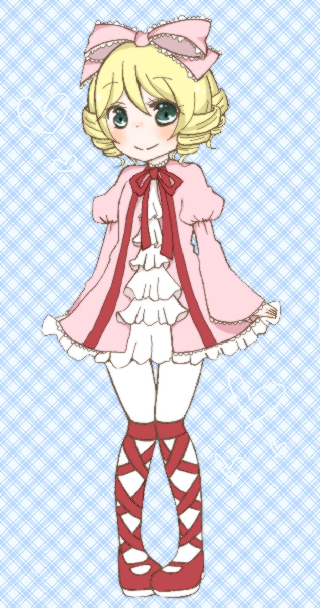 1girl ankle_lace-up blonde_hair blue_background blush bow cross-laced_footwear dress frills full_body hair_bow hina_ichigo hinaichigo image long_sleeves looking_at_viewer pantyhose pink_bow pink_dress plaid plaid_background ribbon shoes short_hair smile solo standing white_legwear