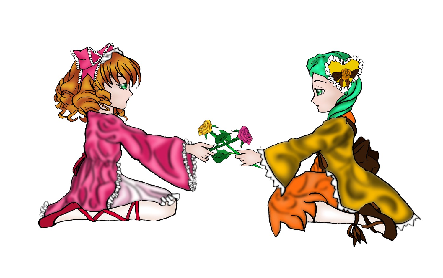 2girls bow dress drill_hair flower green_eyes hair_bow hina_ichigo hinaichigo image kanaria multiple_girls orange_hair pair rose simple_background sitting symmetry white_background