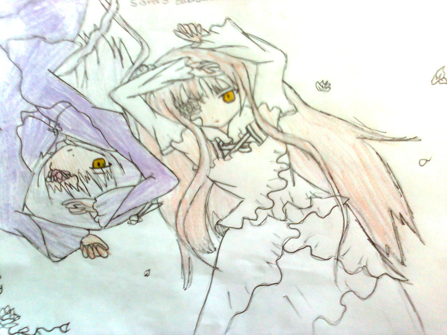 2girls barasuishou bow dress frills gloves image kaname_madoka kirakishou long_hair looking_at_viewer monochrome multiple_girls pair pink_hair signature simple_background traditional_media ultimate_madoka very_long_hair yellow_eyes