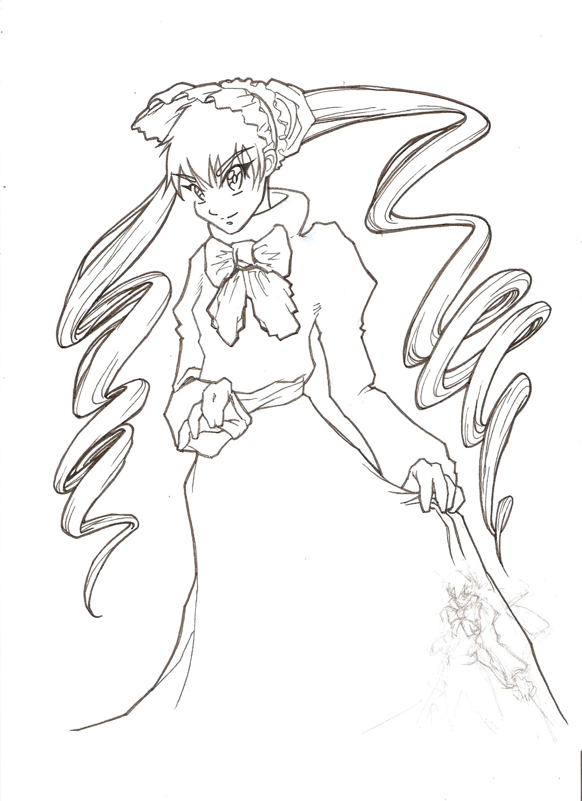 1girl bonnet bow bowtie dress drill_hair image long_hair long_sleeves looking_at_viewer monochrome shinku simple_background solo twin_drills twintails very_long_hair white_background