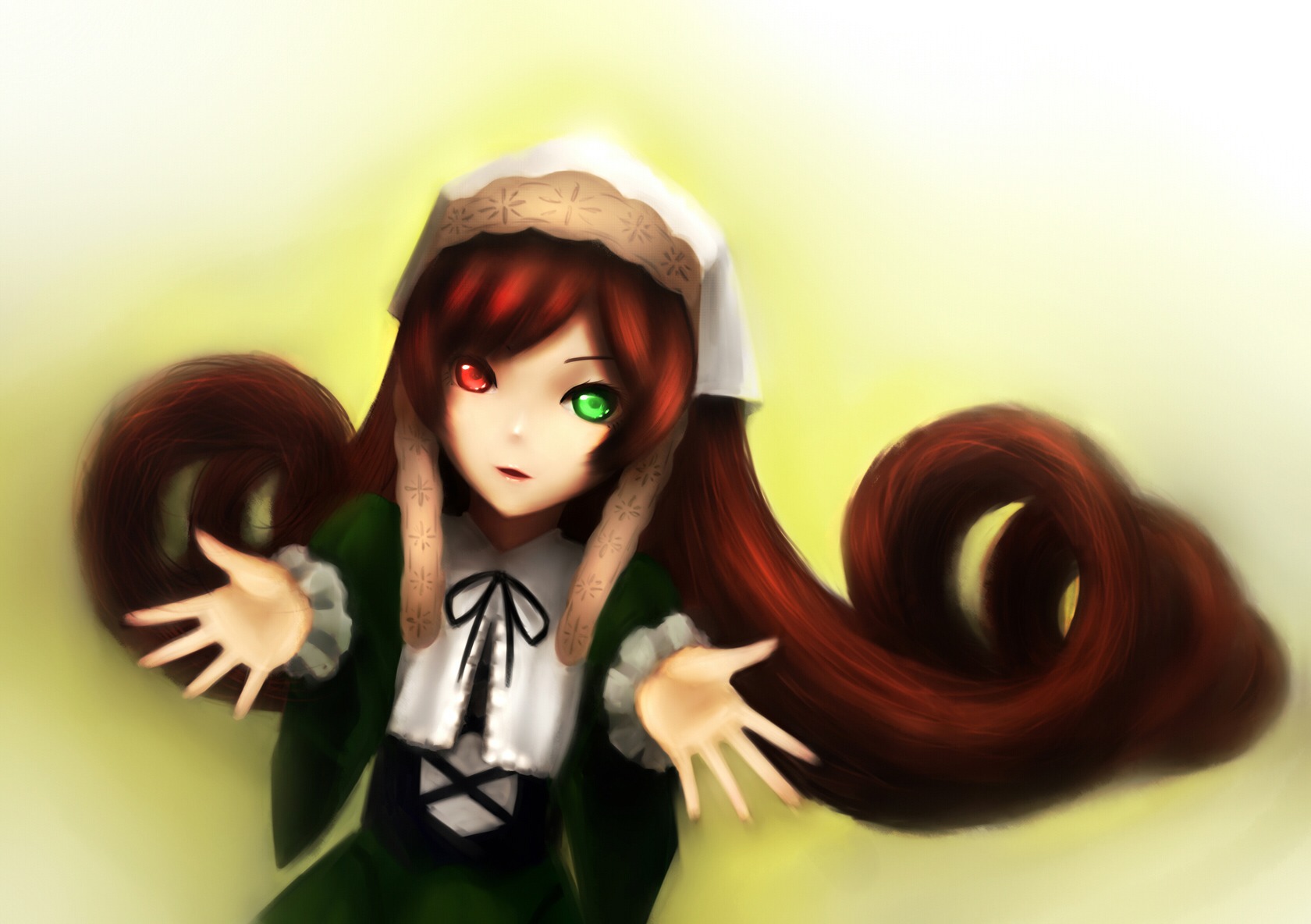 1girl auto_tagged black_ribbon brown_hair dress frills green_eyes heterochromia image long_hair long_sleeves looking_at_viewer red_eyes ribbon simple_background solo suiseiseki upper_body very_long_hair yellow_background