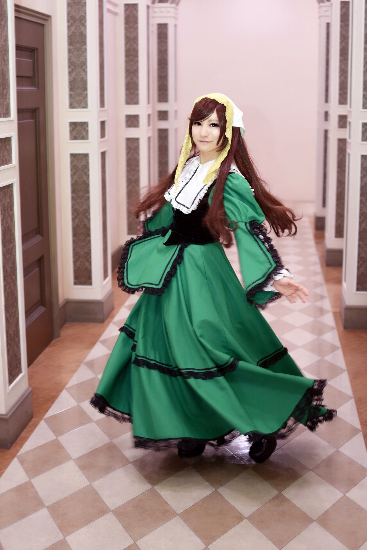 1girl argyle argyle_background argyle_legwear bag board_game brown_hair checkered checkered_background checkered_floor checkered_kimono checkered_scarf checkered_skirt chess_piece dress flag floor himekaidou_hatate long_hair on_floor perspective reflection reflective_floor solo suiseiseki tile_floor tile_wall tiles vanishing_point very_long_hair