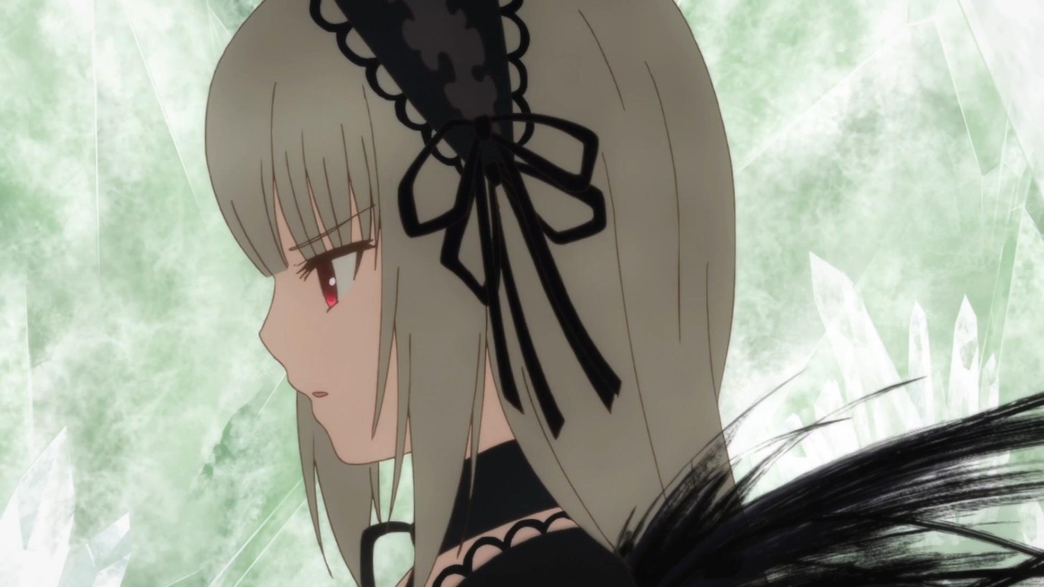 1girl auto_tagged bangs black_dress black_ribbon dress eyebrows_visible_through_hair hairband image long_hair parted_lips red_eyes ribbon silver_hair solo suigintou