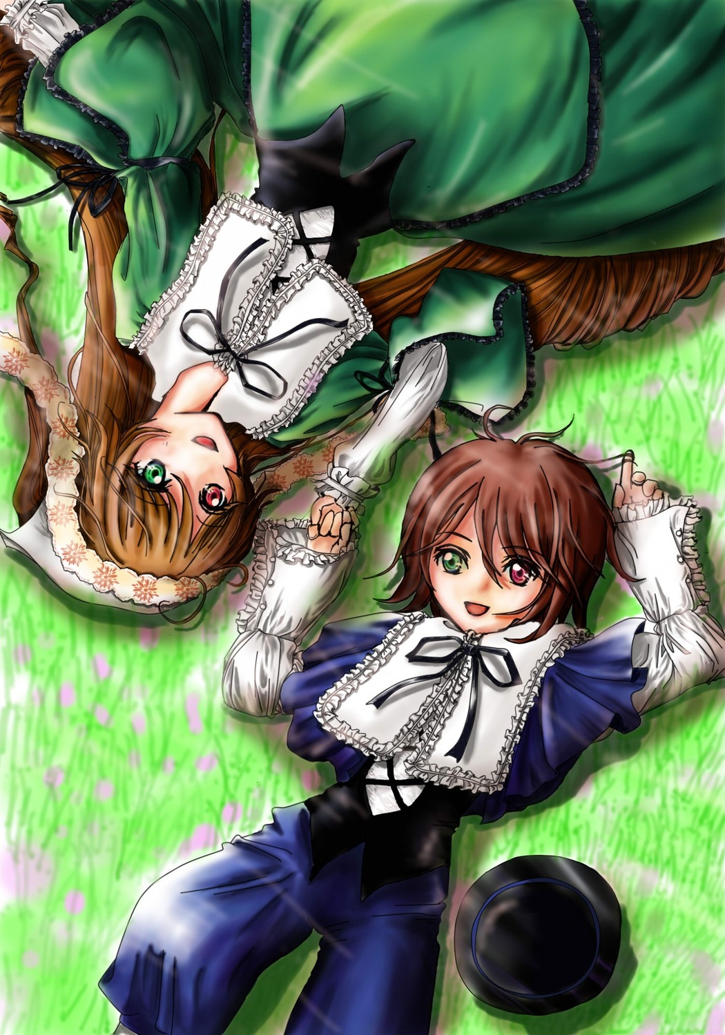2girls brown_hair dress frills green_dress green_eyes hat hat_removed headwear_removed heterochromia holding_hands image long_hair long_sleeves multiple_girls open_mouth pair red_eyes short_hair siblings sisters smile souseiseki suiseiseki top_hat twins very_long_hair