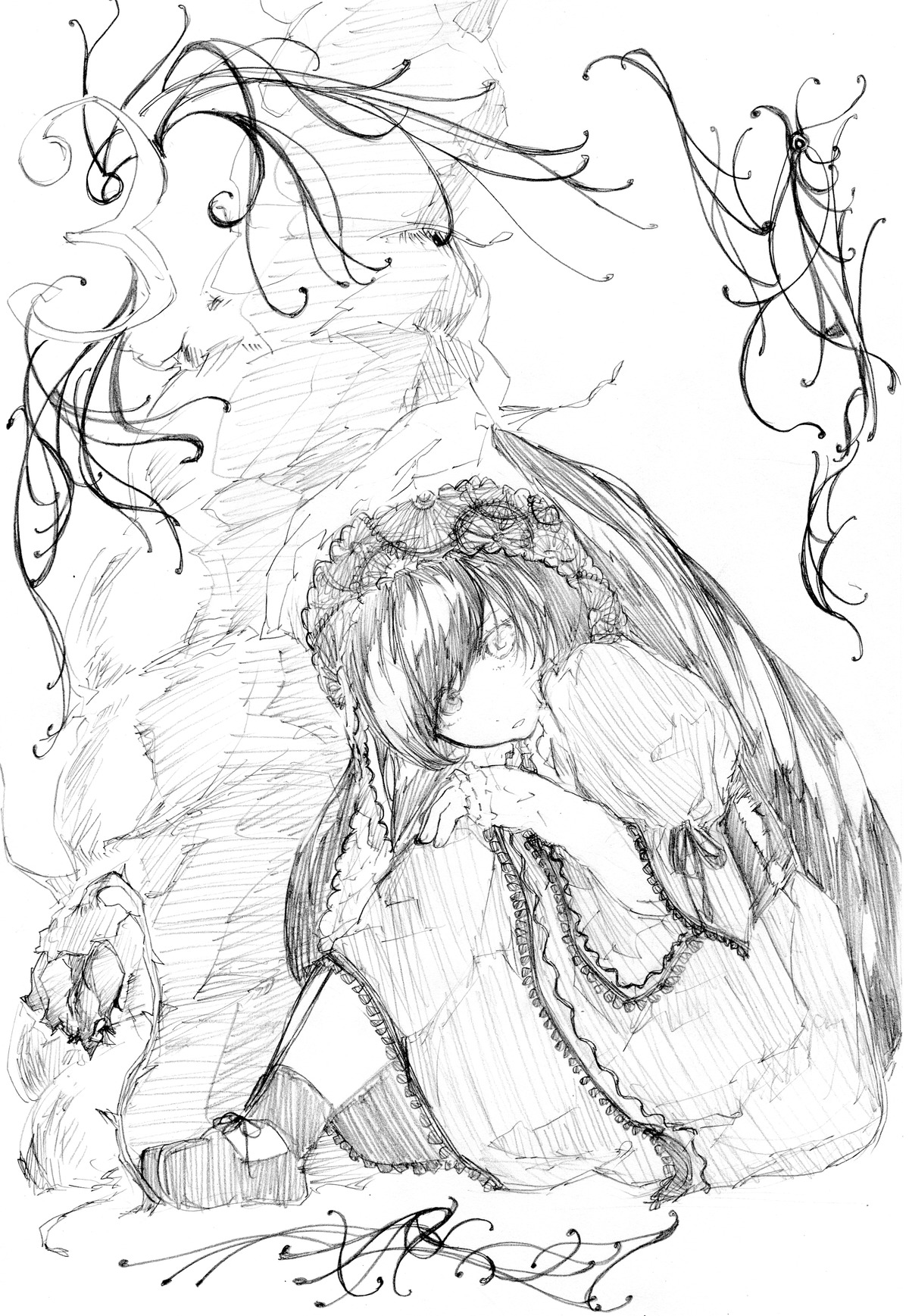1girl closed_mouth dress frills greyscale image long_hair long_sleeves looking_at_viewer monochrome sketch solo suiseiseki very_long_hair