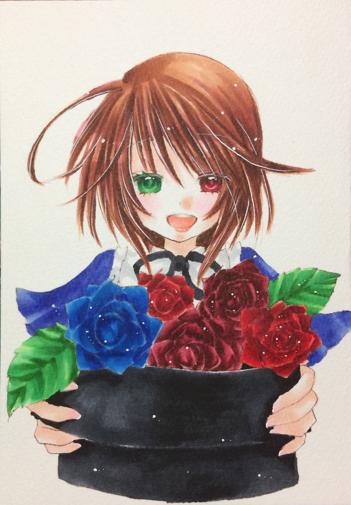 1girl blue_flower blue_rose bouquet brown_hair flower green_eyes heterochromia image open_mouth red_eyes red_rose rose short_hair smile solo souseiseki traditional_media