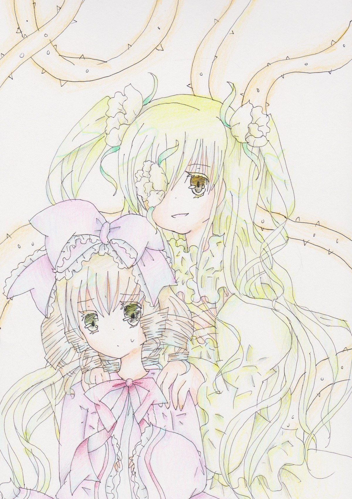 2girls blonde_hair bow dress drill_hair eyepatch flower frills hina_ichigo hinaichigo image kirakishou long_hair long_sleeves looking_at_viewer multiple_girls pair pink_bow ribbon shinku sisters smile traditional_media twins twintails watercolor_(medium) yellow_eyes