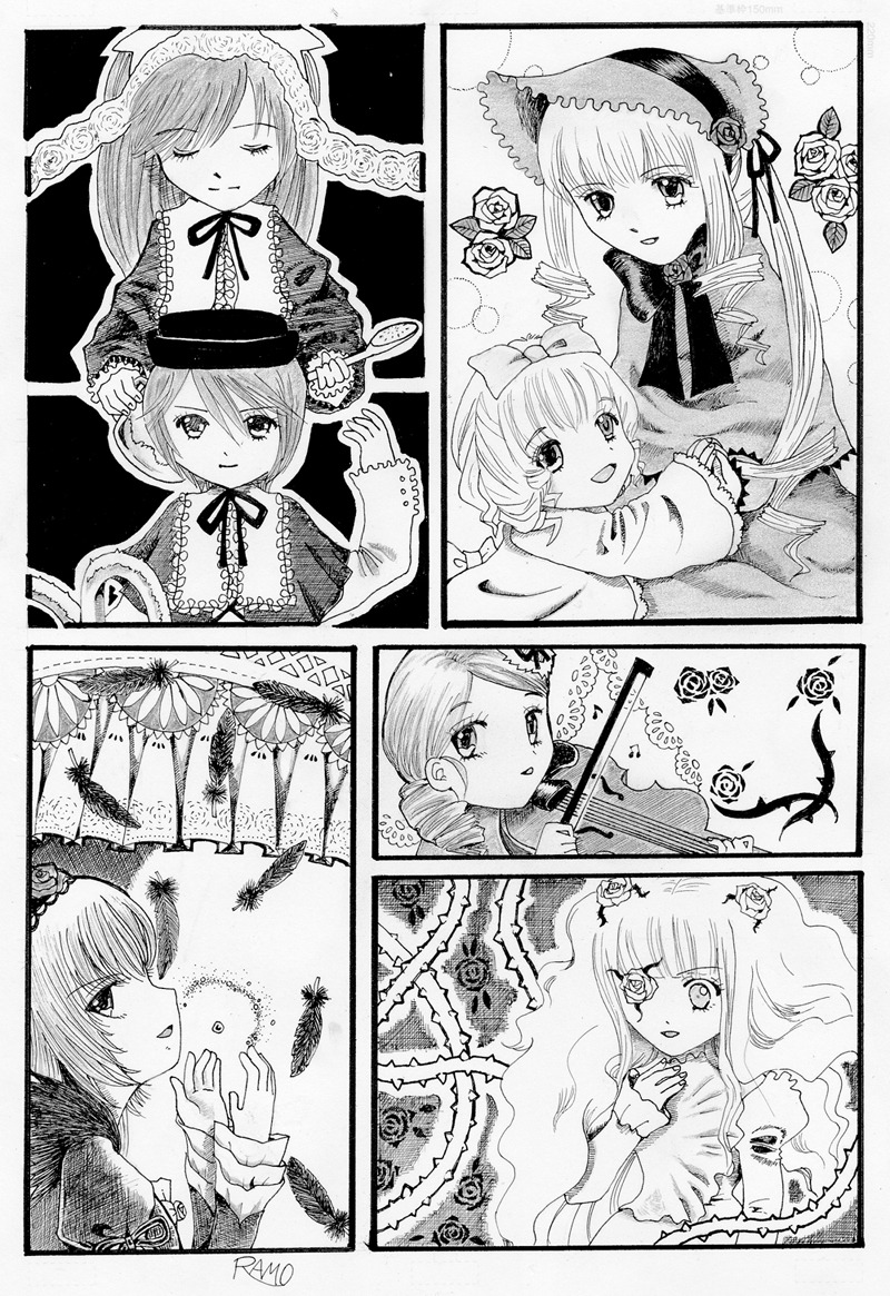 6+girls bonnet closed_eyes dress flower greyscale hat image long_hair monochrome multiple multiple_girls shinku short_hair siblings sisters smile souseiseki suigintou tagme