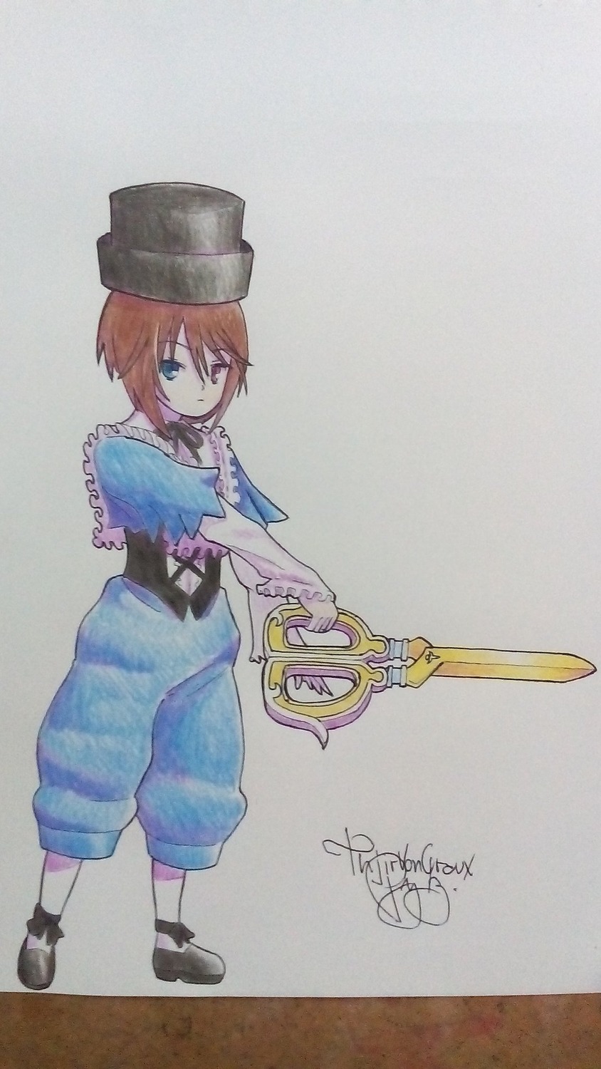 1girl blue_eyes brown_hair full_body hat image looking_at_viewer pants shoes short_hair signature solo souseiseki standing
