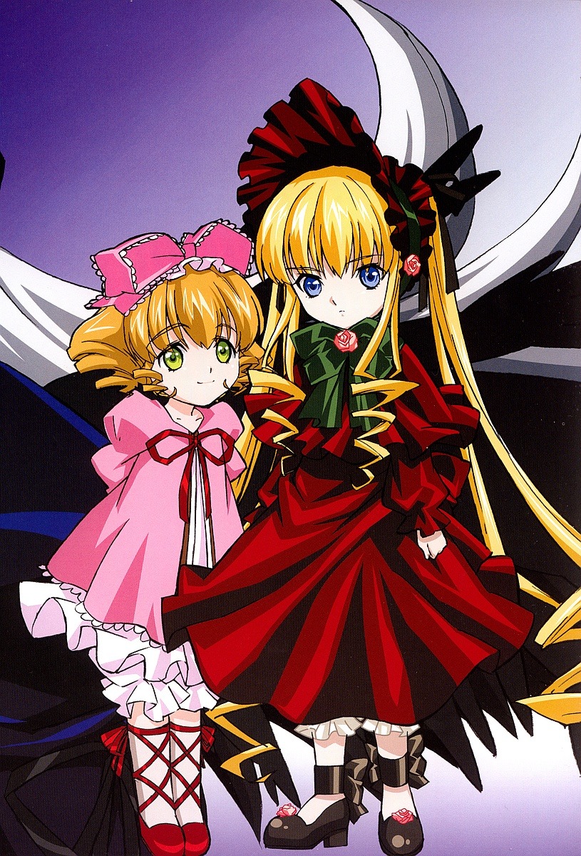 2girls black_footwear blonde_hair blue_eyes bonnet bow bowtie cup dress frills green_bow hair_bow hina_ichigo hinaichigo image long_hair long_sleeves looking_at_viewer multiple_girls pair pink_bow pink_dress red_dress ribbon shinku shoes smile very_long_hair