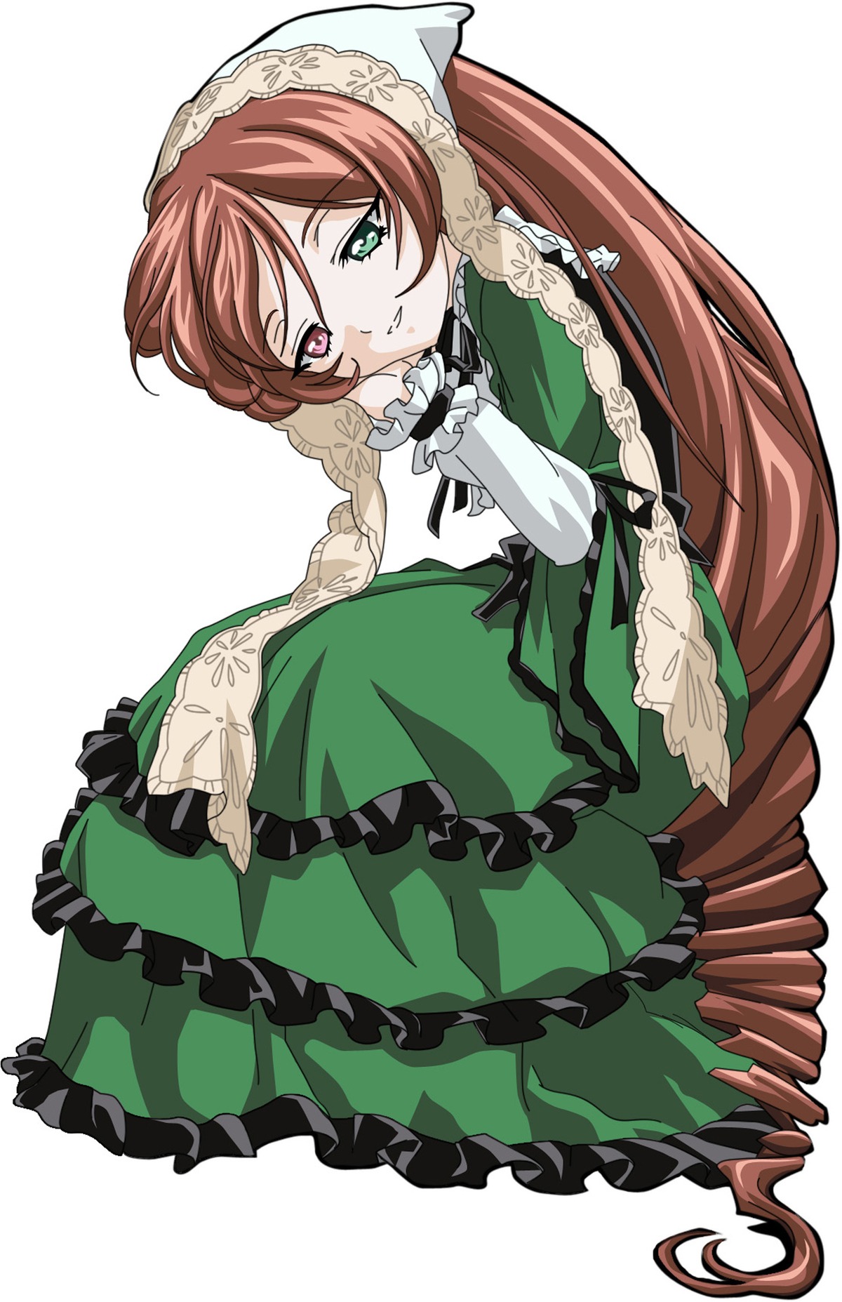 1girl brown_hair dress frills full_body green_dress green_eyes hat heterochromia highres image kasugai_hiroyuki long_hair long_sleeves looking_at_viewer photoshop_(medium) red_eyes rozen_maiden simple_background solo suiseiseki twintails very_long_hair white_background