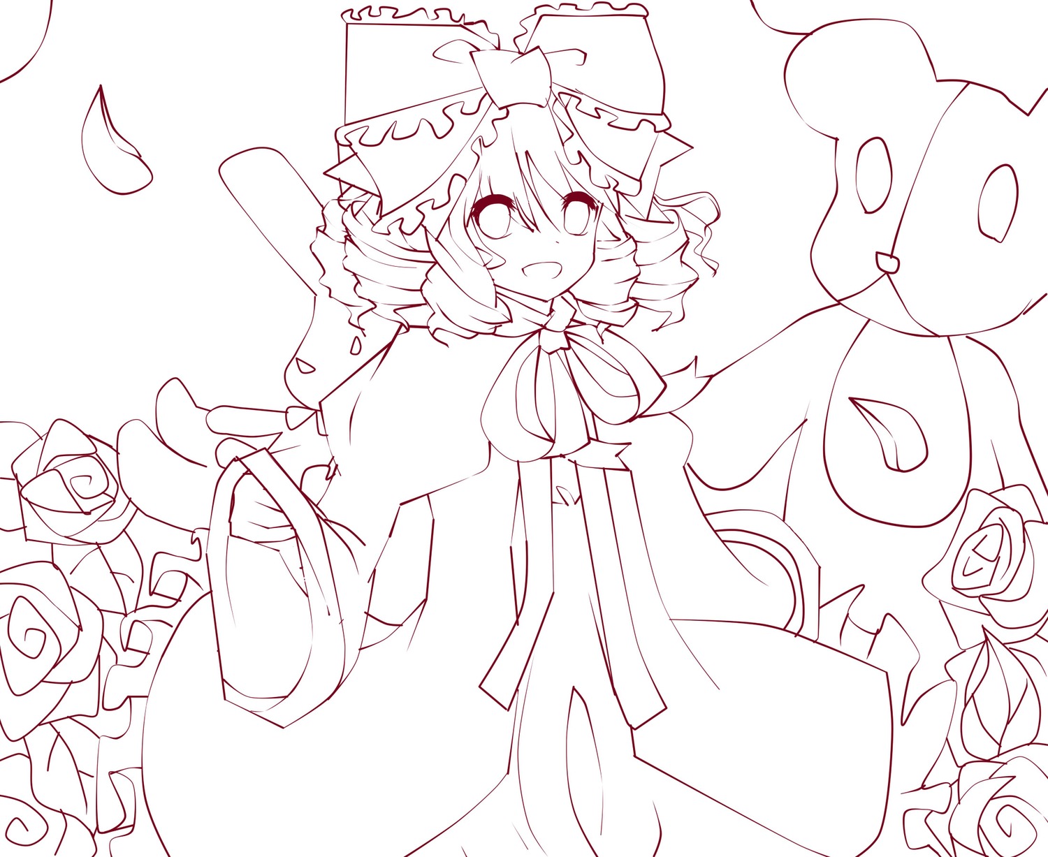 1girl :d bouquet bow drill_hair flower frills front_ponytail hair_bow hat hinaichigo image kagiyama_hina lineart long_sleeves monochrome open_mouth rose smile solo twin_drills white_rose