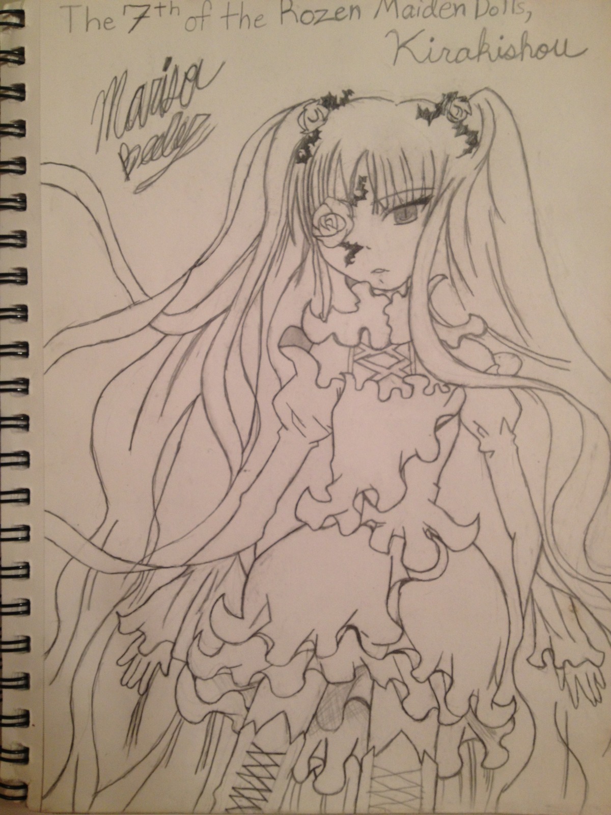 1girl boots dress english_text flower frills hair_ornament image kirakishou lineart long_hair monochrome solo thighhighs traditional_media two_side_up very_long_hair zettai_ryouiki