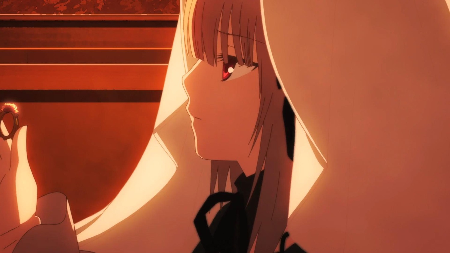 bangs closed_mouth eyebrows_visible_through_hair grey_hair image long_hair profile red_eyes ribbon solo suigintou