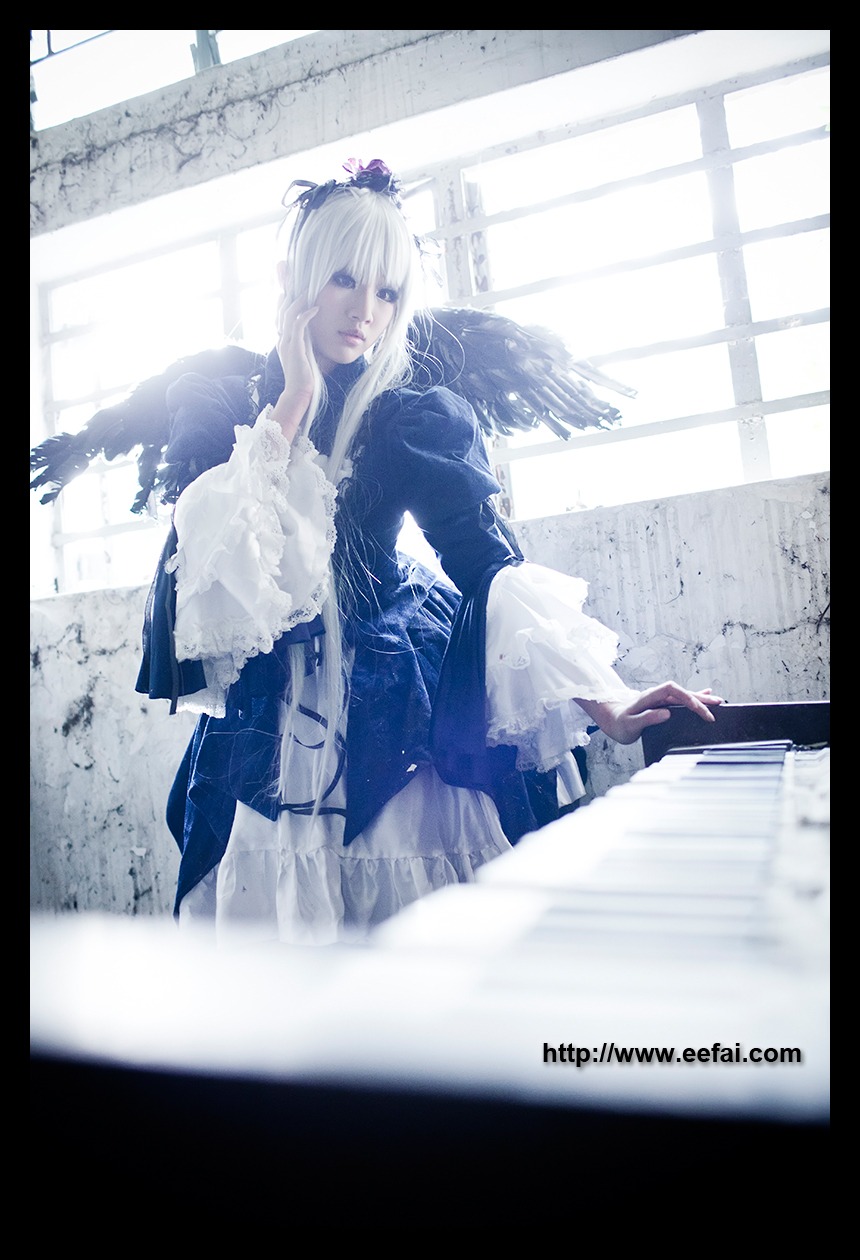 1boy black_border blue_eyes blurry border crown depth_of_field feathers hair_ornament indoors letterboxed pillarboxed solo suigintou white_hair window windowboxed