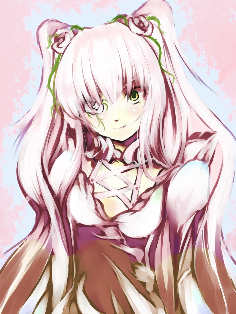 1girl auto_tagged bad_id bad_pixiv_id blaze_(artist) choker dress eyepatch flower green_eyes hair_flower hair_ornament image kirakishou long_hair pink_hair rose rozen_maiden smile solo twintails very_long_hair white_hair yellow_eyes