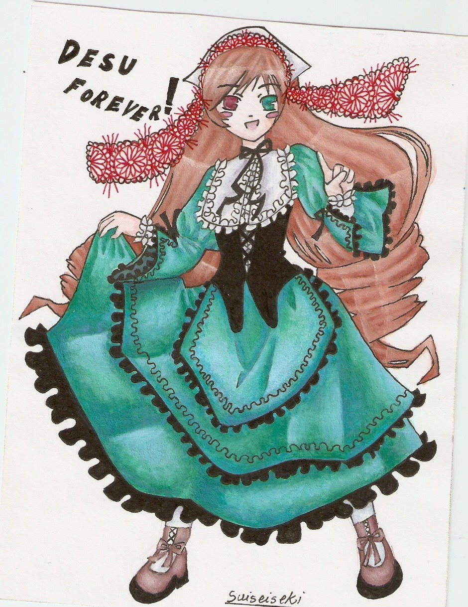 1girl artist_name bow brown_hair dress frills full_body green_dress green_eyes image lolita_fashion long_hair long_sleeves open_mouth pantyhose smile solo standing suiseiseki very_long_hair