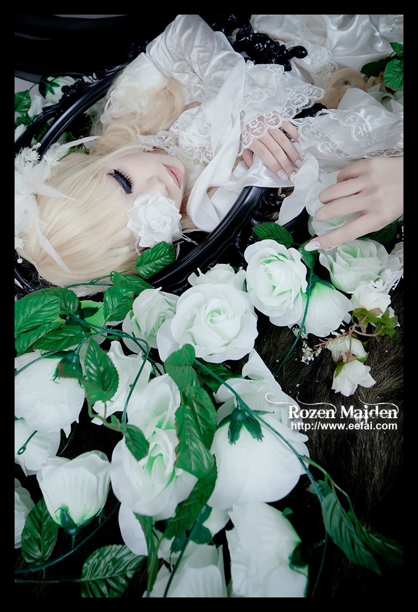 1girl bangs blonde_hair closed_eyes closed_mouth dress eyelashes flower kirakishou lace leaf letterboxed lips long_hair plant rose solo white_dress white_flower white_hair white_rose