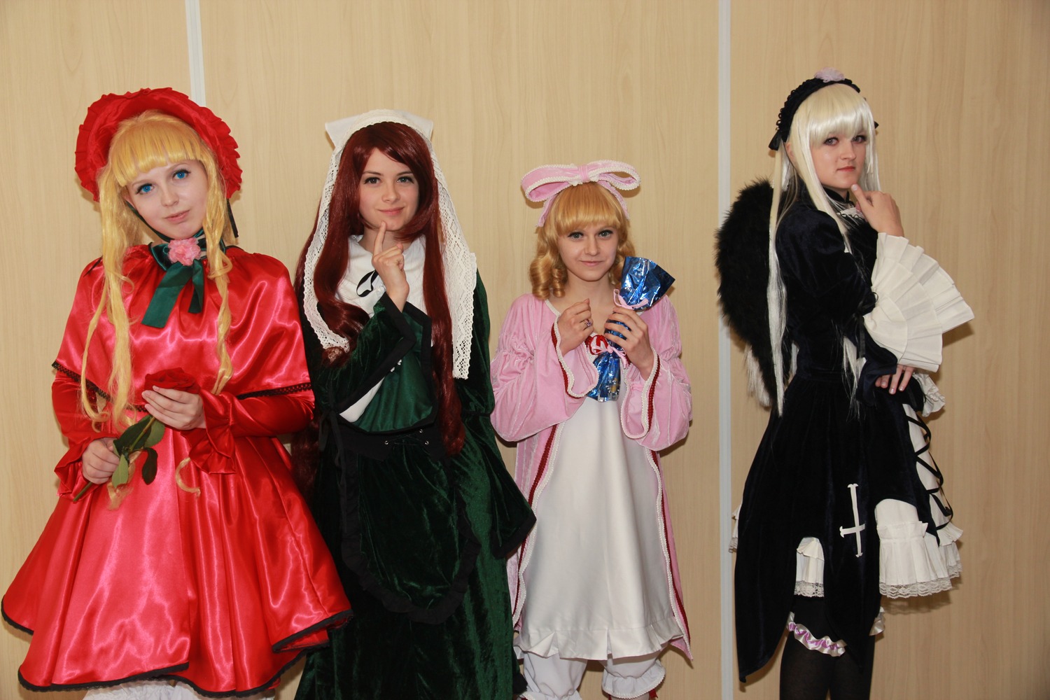 4girls 5girls apron bangs black_dress blonde_hair blue_eyes bonnet bow brown_hair dress flower hat holding lips long_hair long_sleeves looking_at_viewer multiple_cosplay multiple_girls realistic smile standing tagme