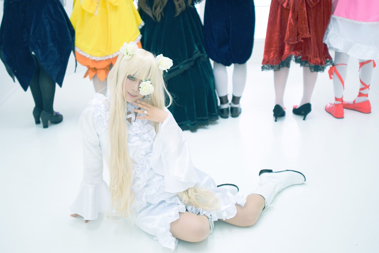 1girl bird blonde_hair dress flower frills high_heels kirakishou long_hair shoes sitting solo