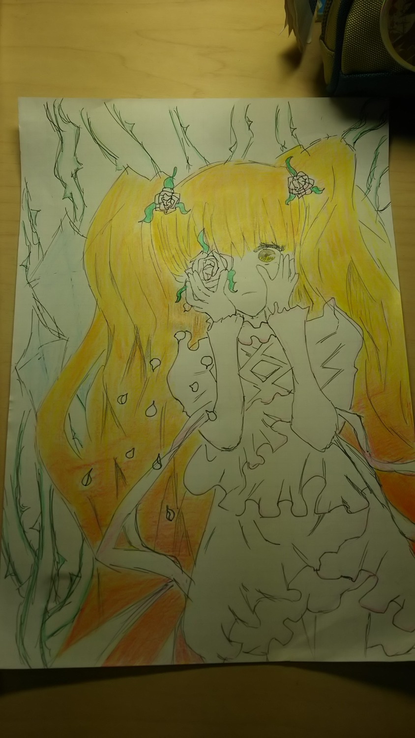 1girl blonde_hair dress flower hands_on_own_face image kirakishou long_hair solo traditional_media twintails very_long_hair