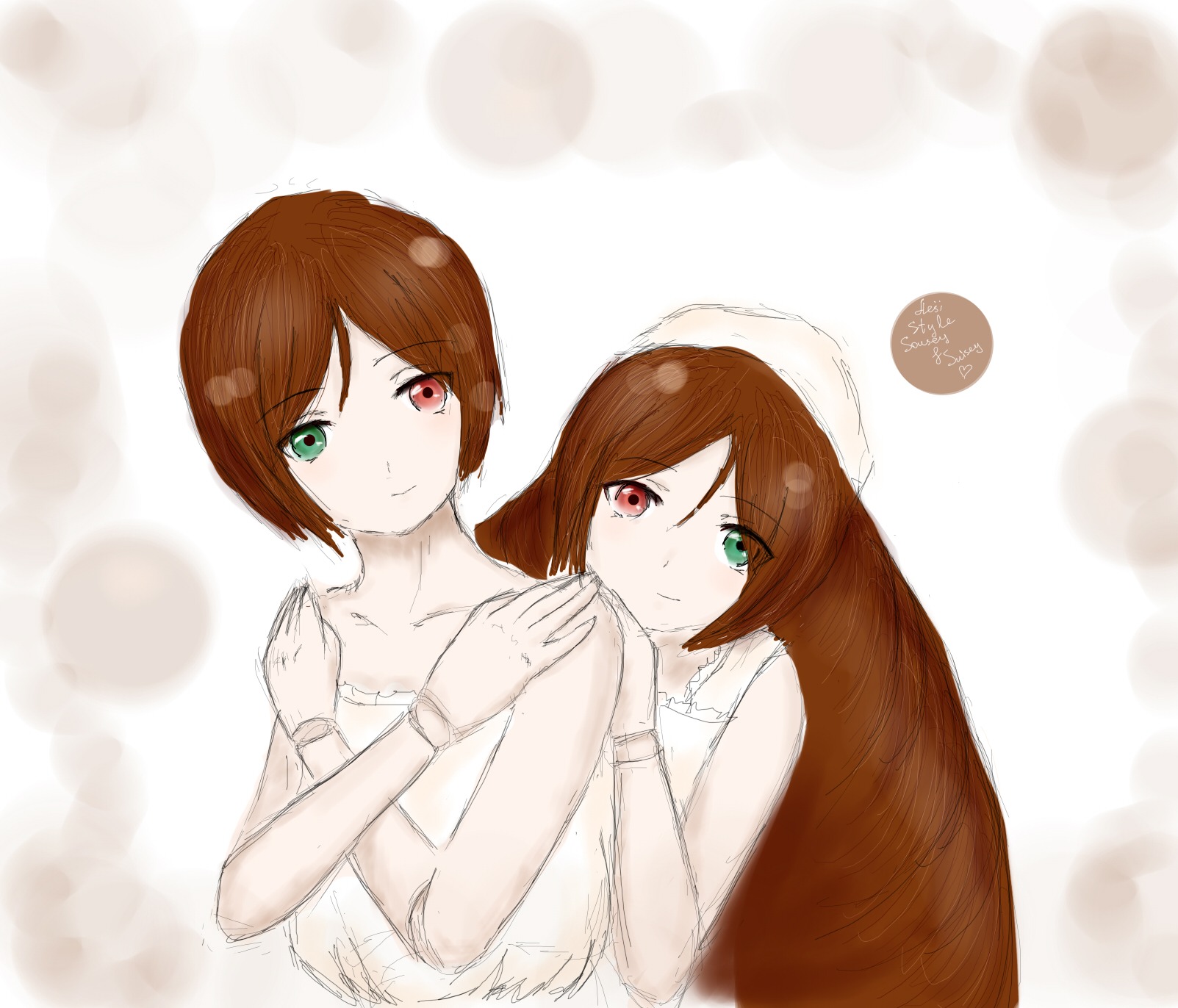 2girls auto_tagged bare_shoulders bracelet brown_hair doll_joints dress green_eyes heterochromia image incest jewelry joints long_hair multiple_girls pair red_eyes short_hair siblings sisters smile souseiseki suiseiseki swept_bangs twins