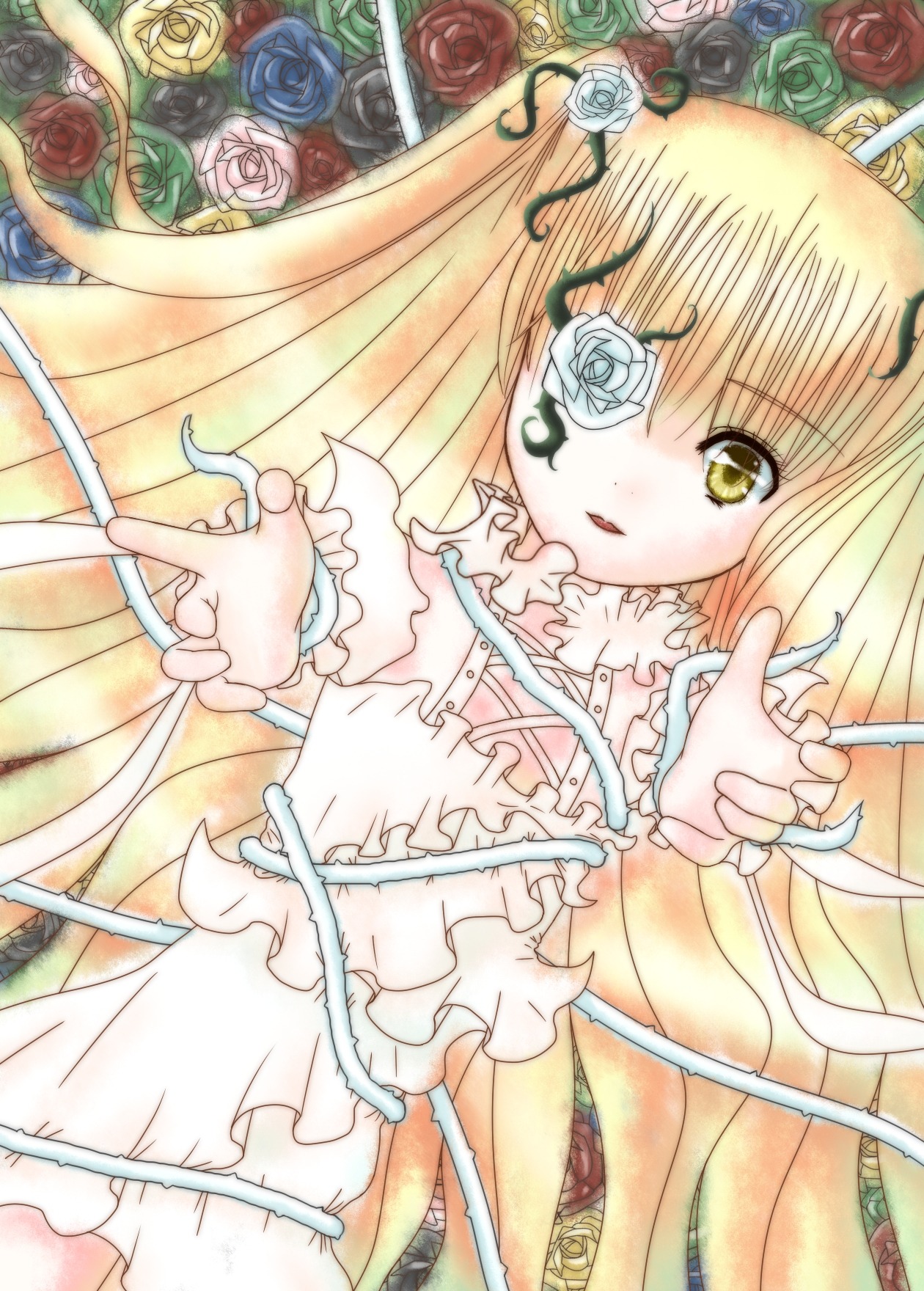 1girl black_rose blonde_hair blue_flower blue_rose dress eyepatch flower green_flower image kirakishou long_hair orange_flower pink_flower pink_rose purple_rose red_flower red_rose rose rose_petals solo thorns white_flower white_rose yellow_eyes yellow_flower yellow_rose