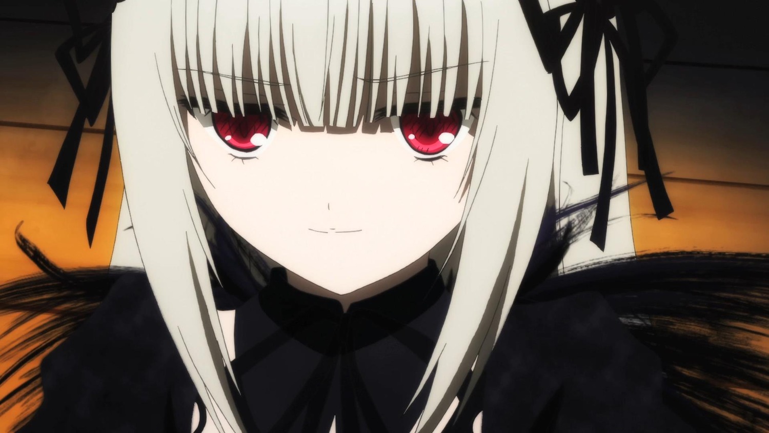 1girl bangs black_dress black_ribbon closed_mouth dress eyebrows_visible_through_hair hair_ribbon image long_hair looking_at_viewer red_eyes ribbon silver_hair smile solo suigintou